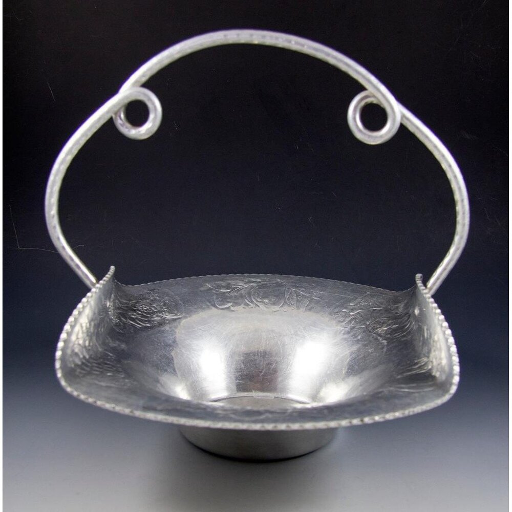 Vintage Hand Hammered Wrought Aluminum Fruit Flower Motif Basket - Picture 2 of 10